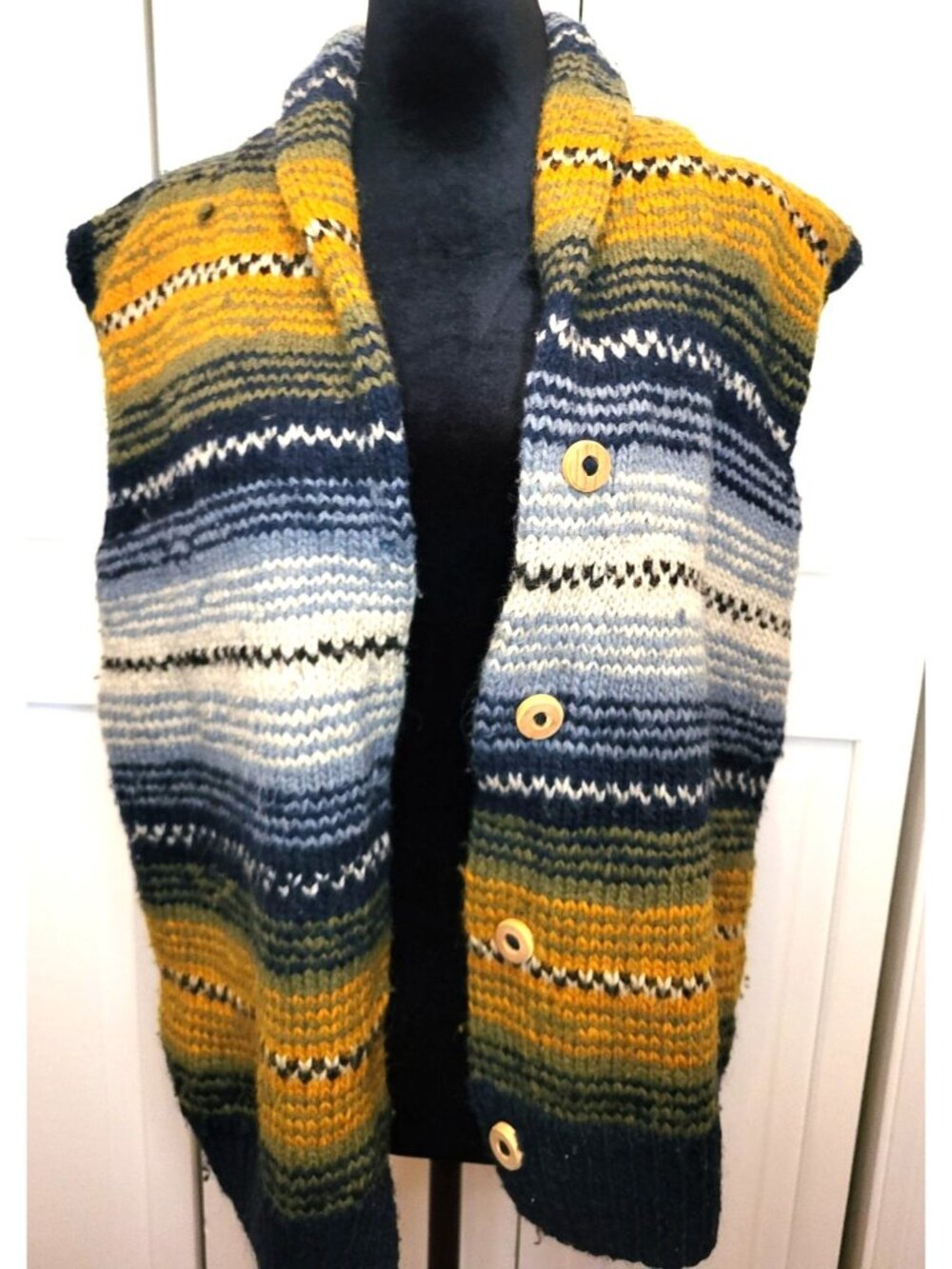 Handmade Knit Blue Mustard Stripe Sweater Vest Shawl Collar L Boho Grunge Wool
